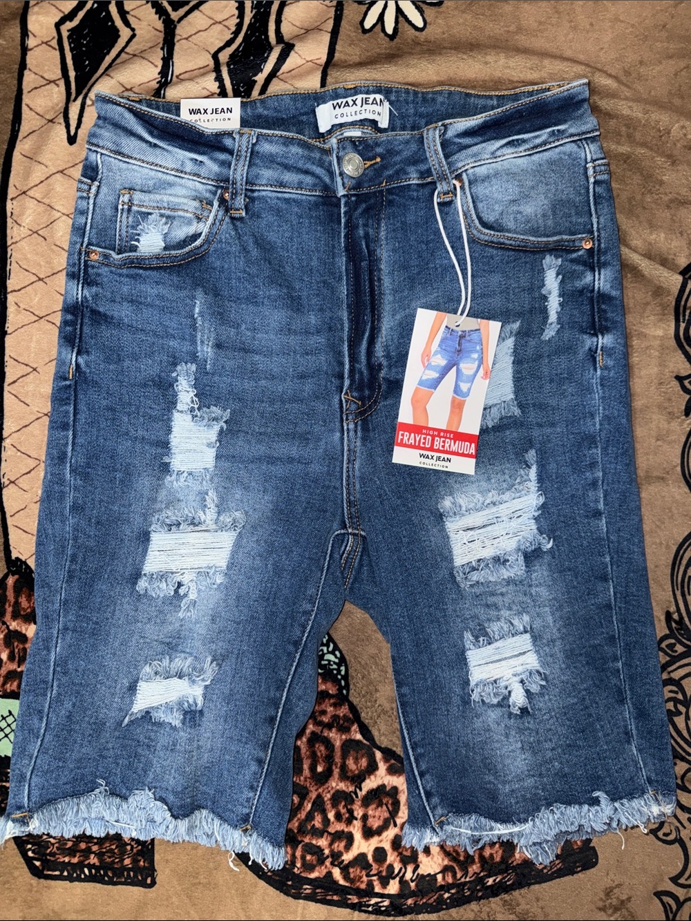 NWT Women’s 1X Wax Jean Distressed Bermuda Shorts in Blue Denim